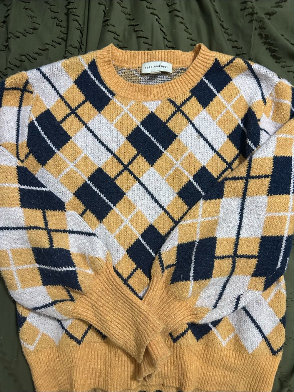 Free Assembly Yellow Navy Argyle Crewneck Sweater